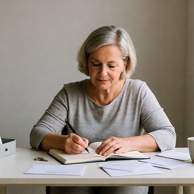 Senior woman writing in notebook