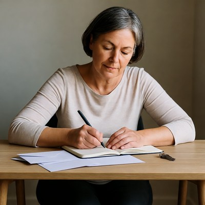 Woman writing in notebook at desk