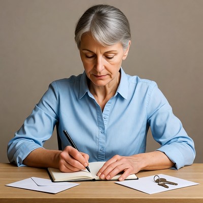 Elderly woman writing in notebook