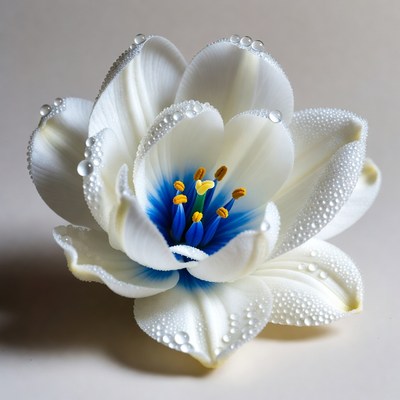 White Tulip with Blue Center and Water Droplets