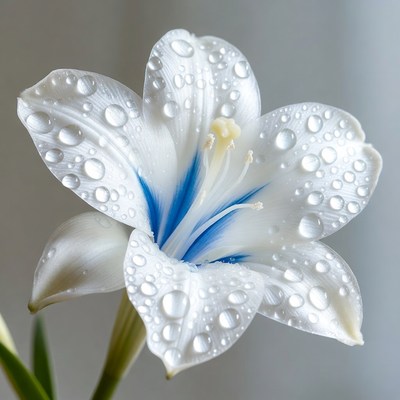 White Lily Flower with Blue Center and Water Droplets