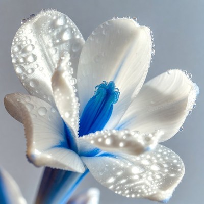 White Blue Flower with Dew Drops