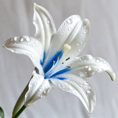 White Lily Flower with Blue Center and Water Droplets