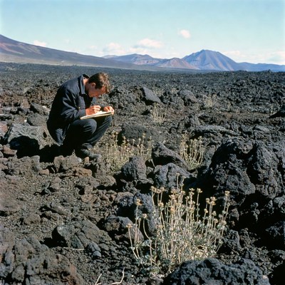 Man sketching plants on volcanic field