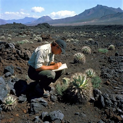 Man writing in notebook volcanic landscape