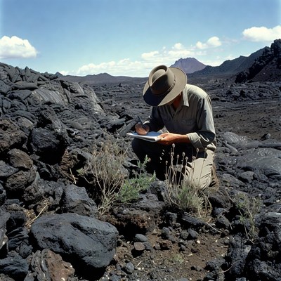 Geologist working on lava field