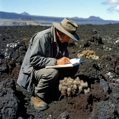 Man sketching succulents on volcanic terrain