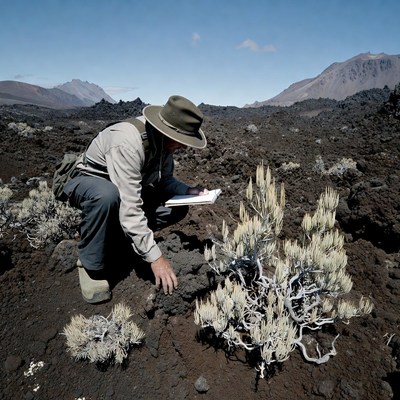 Man examining plants in volcanic field