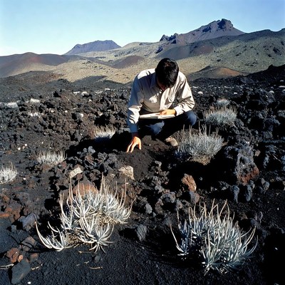 Man examining plants on volcanic terrain