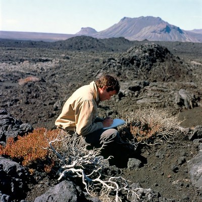 Man writing in notebook on volcanic field