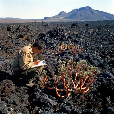 Man studying plants in volcanic field