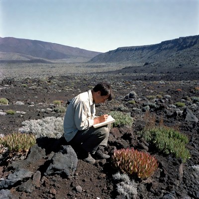 Man sketching plants in volcanic landscape
