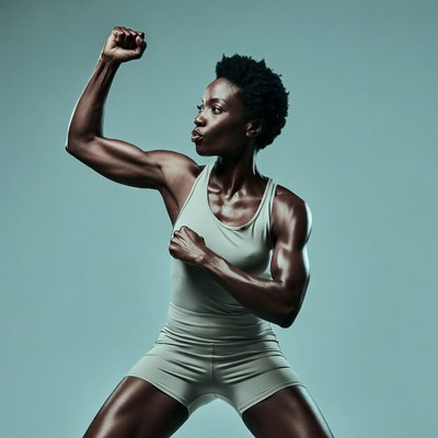 Muscular African-American woman flexing arms