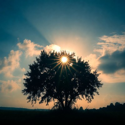 Silhouette Tree with Sun Rays