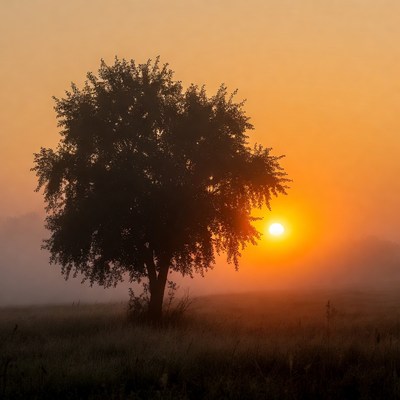 Silhouette Tree at Sunrise in Fog