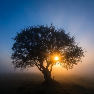 Silhouette Tree with Sun Foggy Field