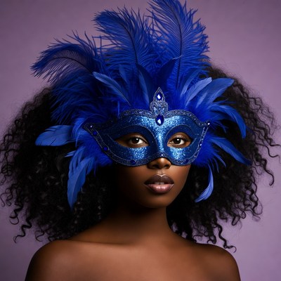 African-American woman in blue feather masquerade mask