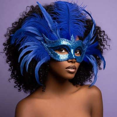 African-American woman in blue feather mask