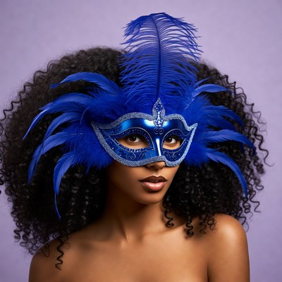 African-American woman in blue feathered mask