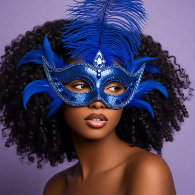 African-American woman in blue feathered mask