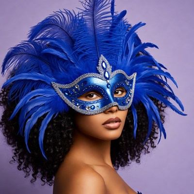 African-American woman in blue feathered mask