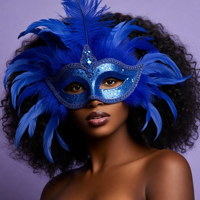 African-American woman in blue feather mask