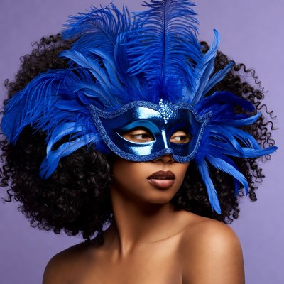Woman in blue feathered masquerade mask