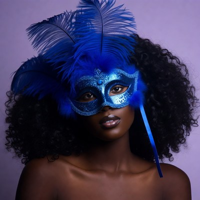 African-American woman in blue feather mask