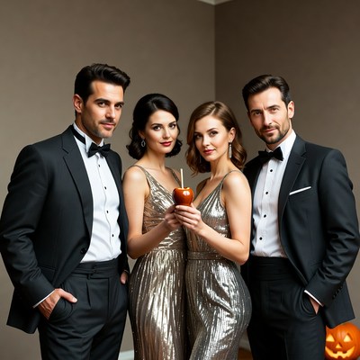 Couple in tuxedos with women holding Halloween apple