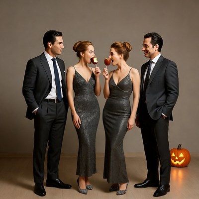 Couple and twins eating candy apples Halloween