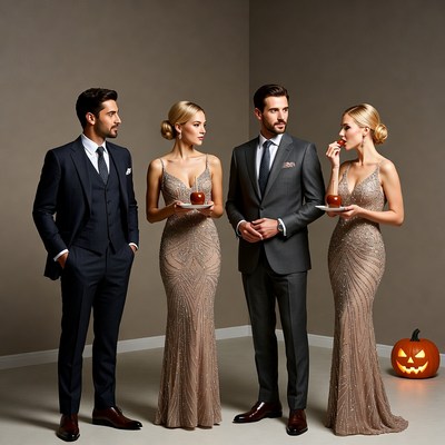 Couple and Twin Women Holding Apples Pumpkin