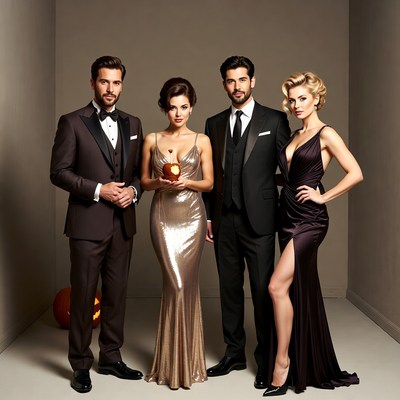 Four people holding Halloween pumpkin