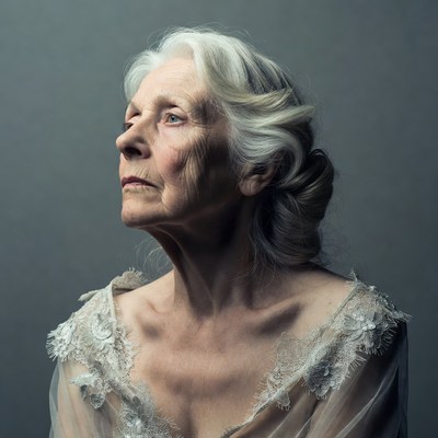Elderly woman in lace dress looking up
