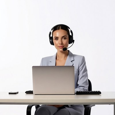 Woman wearing headset at laptop