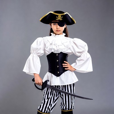 Asian girl in pirate costume with sword