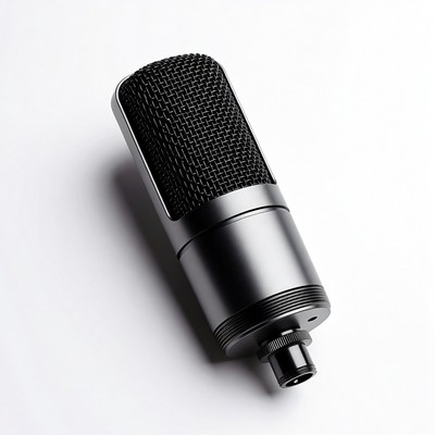 Black condenser microphone on white background