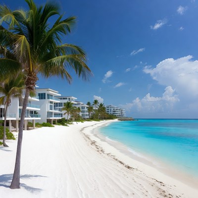 Tropical Beach with Palm Trees and White Villas