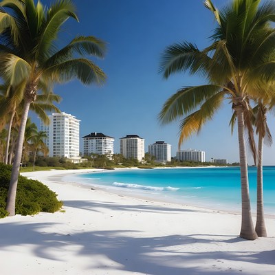 Palm trees framing beach and high-rise buildings