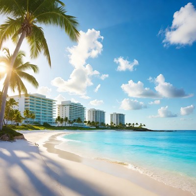 Tropical Beach with Palm Trees and White Hotels
