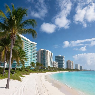 Palm trees and beachfront high-rises