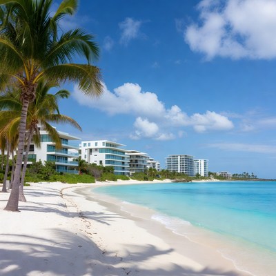 Palm Trees and White Buildings on Tropical Beach