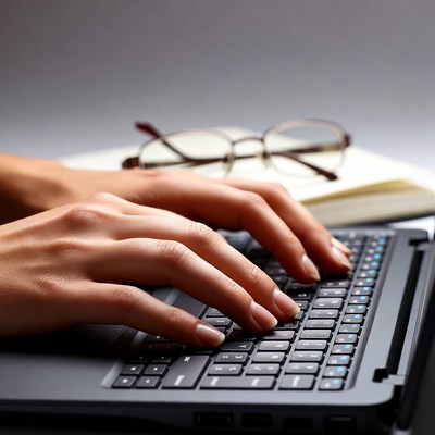 Hands typing on laptop keyboard