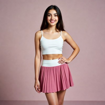 Smiling Asian girl in white crop top pink skirt