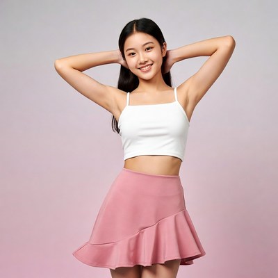 Asian girl smiling with hands behind head