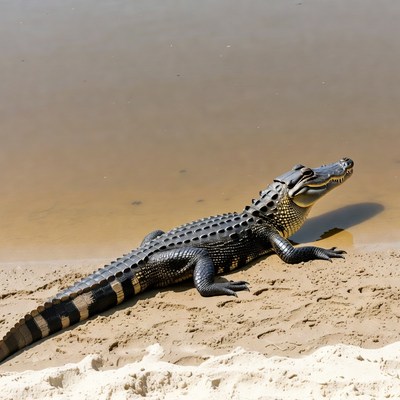 Alligator resting on sandy riverbank