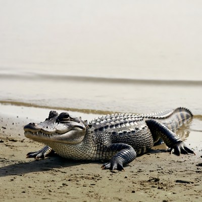 Alligator lying on riverbank