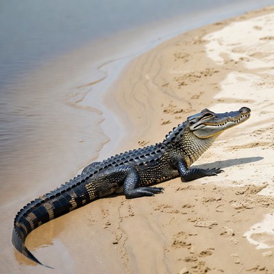 Alligator lying on sandy beach