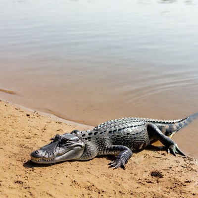 Alligator resting on sandy shore