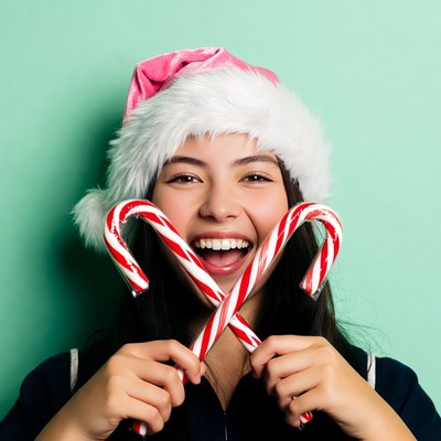 Asian girl with candy canes Santa hat