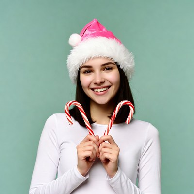 Girl holding candy canes with Santa hat